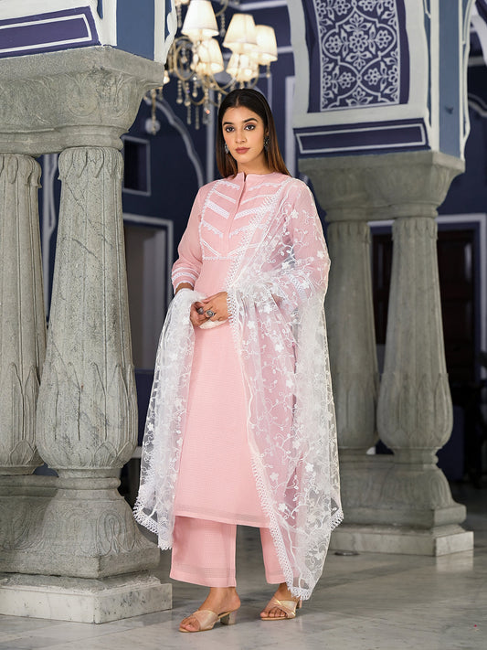 Dhiyona VR Women's Pink Kota Check Cotton Lace Detailed Kurta Paired With Bottom And Dupatta