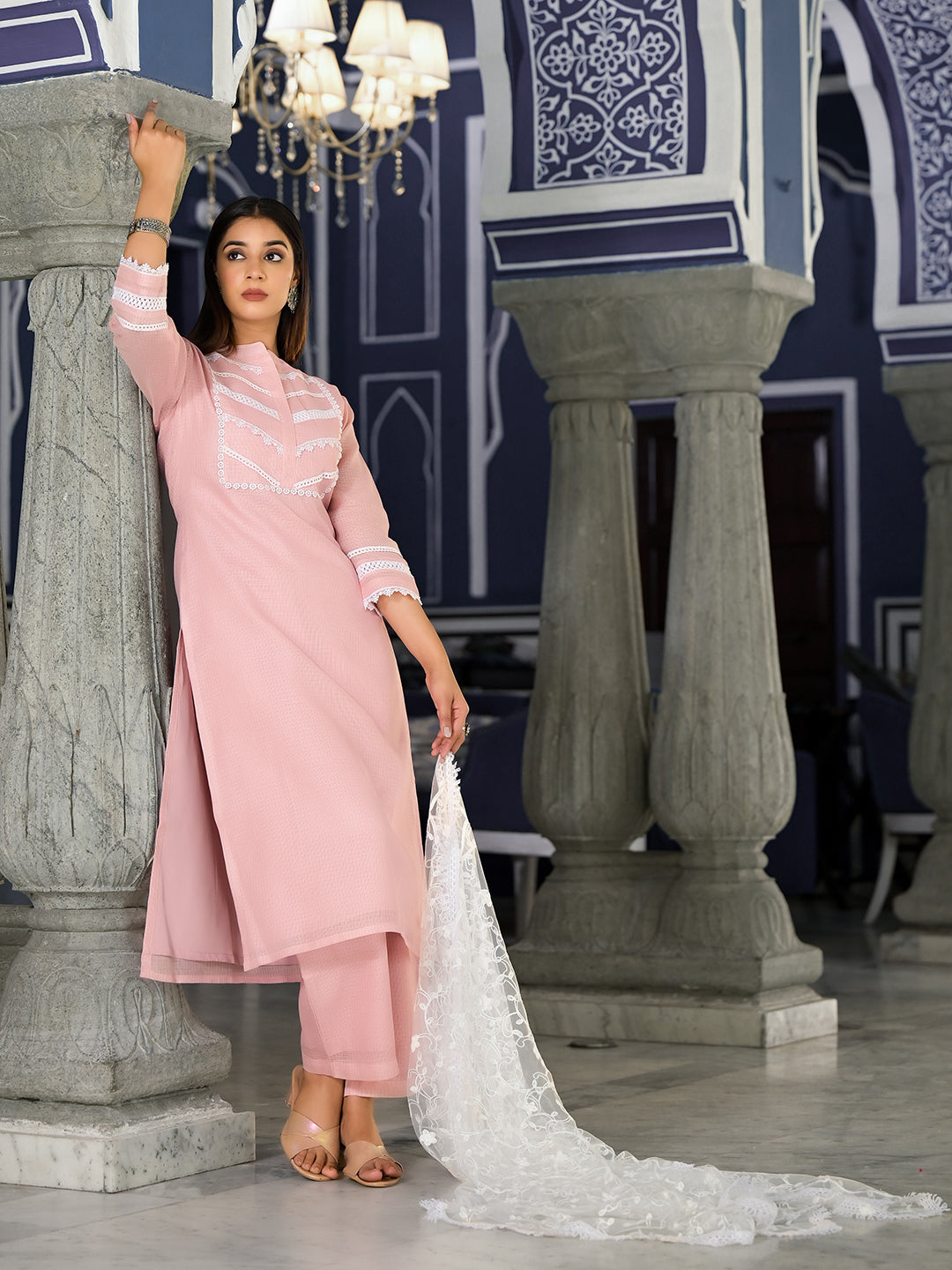 Dhiyona VR Women's Pink Kota Check Cotton Lace Detailed Kurta Paired With Bottom And Dupatta