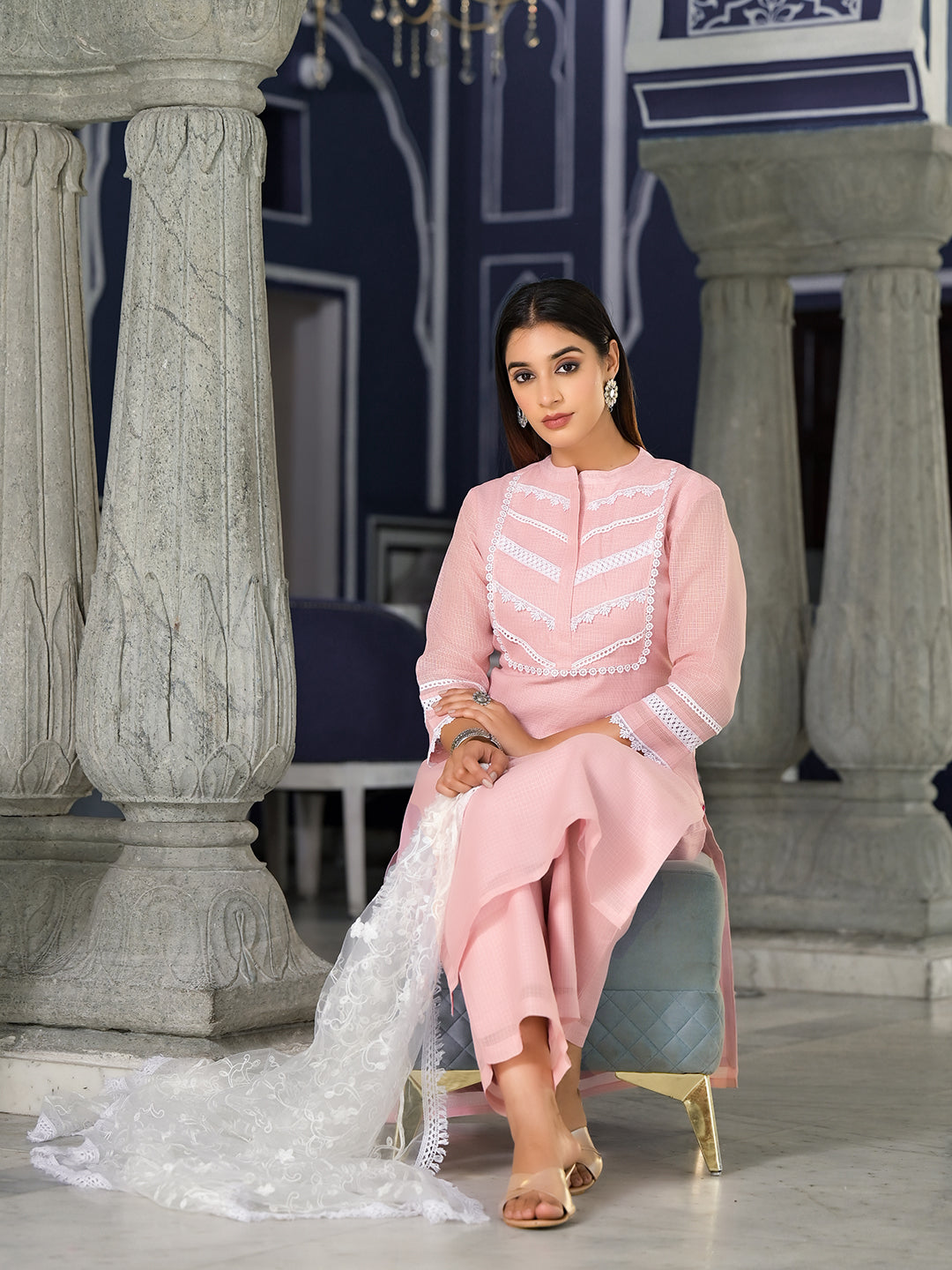 Dhiyona VR Women's Pink Kota Check Cotton Lace Detailed Kurta Paired With Bottom And Dupatta