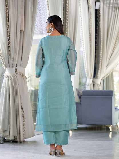 Dhiyona VR Women's Sea Green Kota Check Thread Embroidered Kurta With Bottom And Dupatta