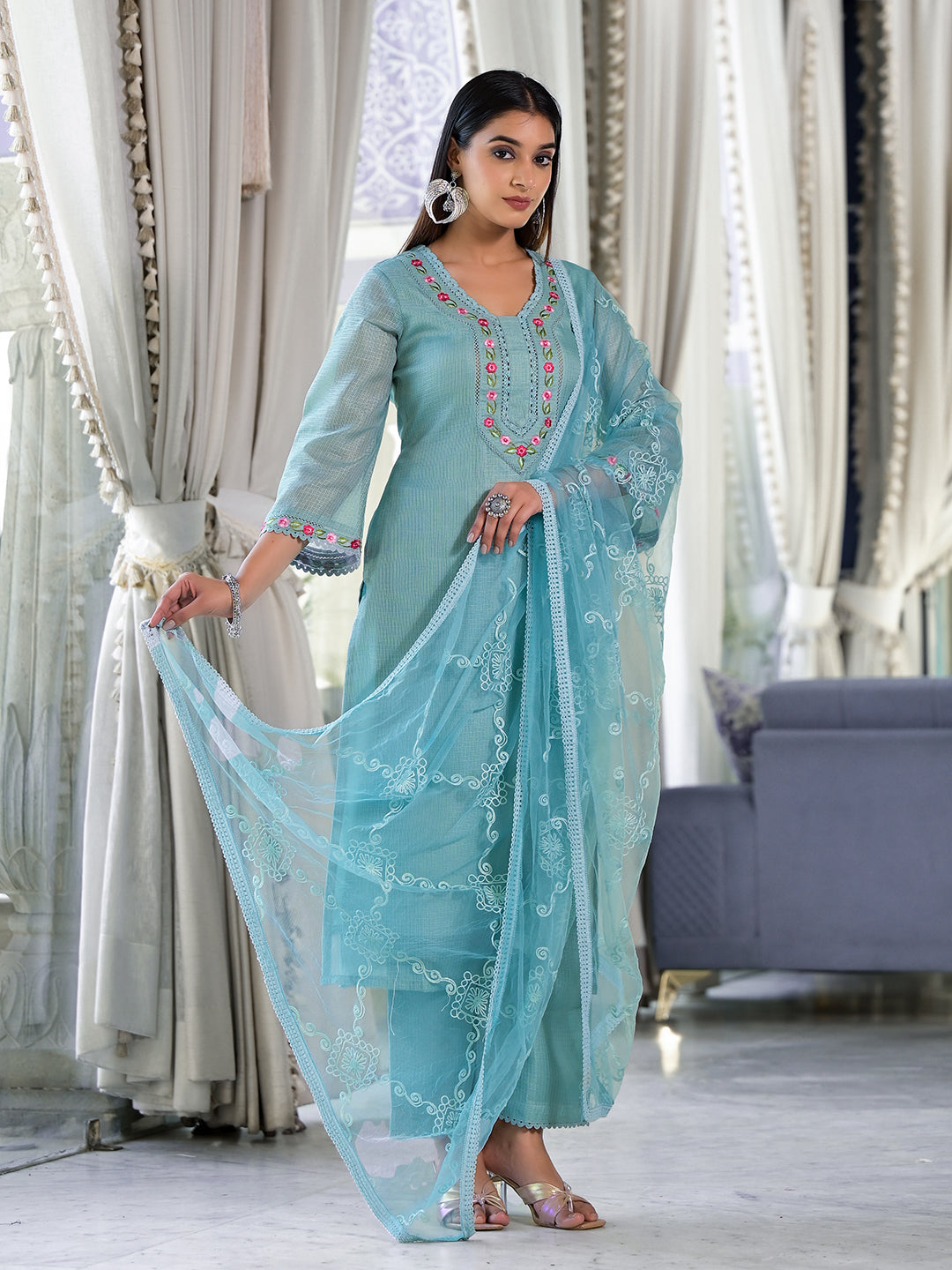 Dhiyona VR Women's Sea Green Kota Check Thread Embroidered Kurta With Bottom And Dupatta