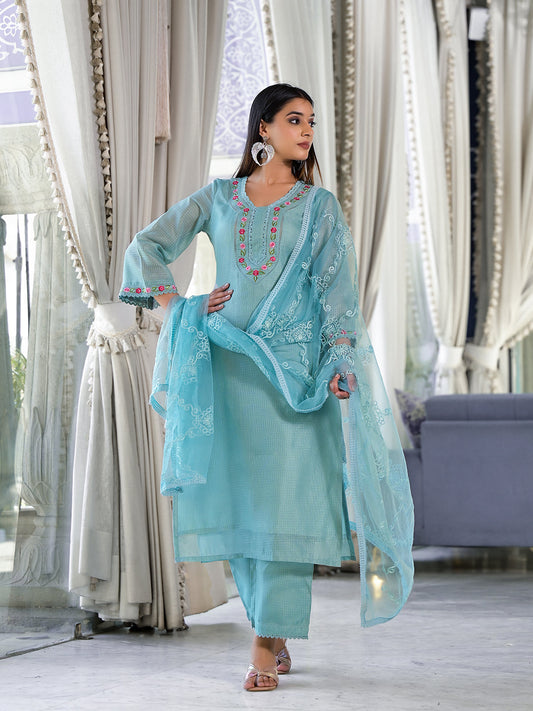 Dhiyona VR Women's Sea Green Kota Check Thread Embroidered Kurta With Bottom And Dupatta