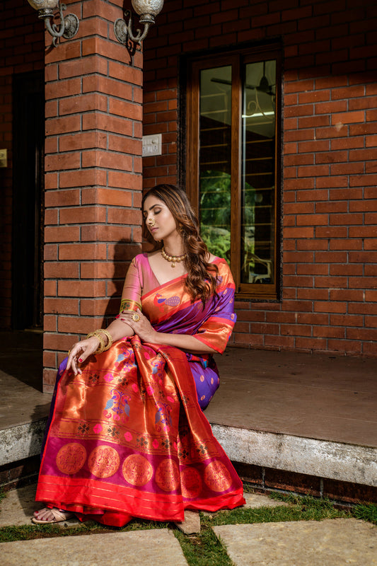 Dhiyona GR Women's Priyanka Purple Zari Paithani Silk Saree