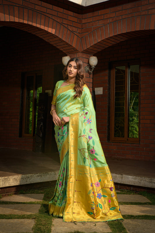 Dhiyona GR Women's Butterfly Pista Green Zari Paithani Silk Saree