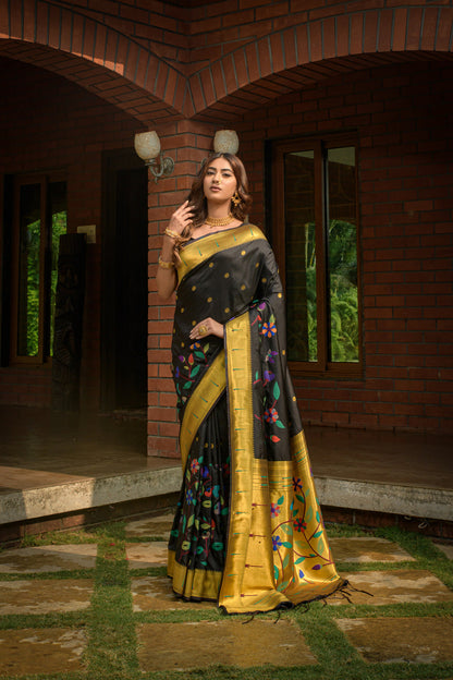 Dhiyona GR Women's Butterfly Black Zari Paithani Silk Saree