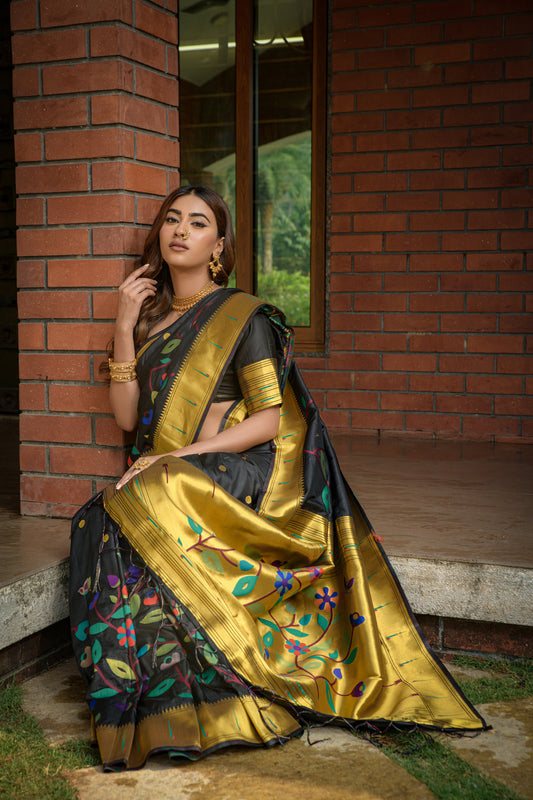 Dhiyona GR Women's Butterfly Black Zari Paithani Silk Saree