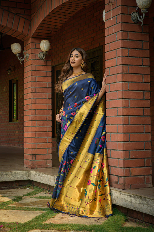 Dhiyona GR Women's Butterfly Navy Blue Zari Paithani Silk Saree
