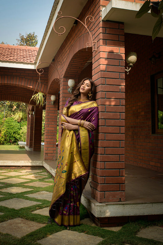 Dhiyona GR Women's Butterfly Wine Zari Paithani Silk Saree