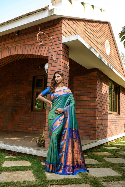 Dhiyona GR Women's Priyanka Green Zari Paithani Silk Saree