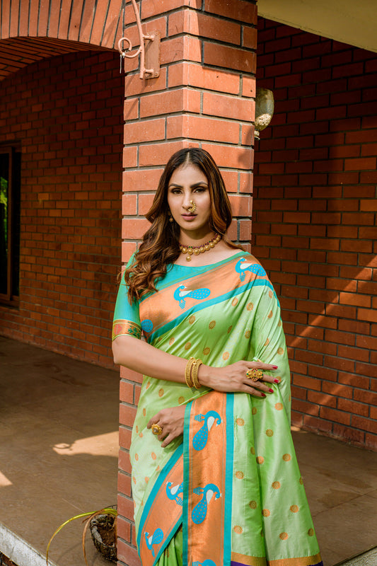 Dhiyona GR Women's Priyanka Mint Green Zari Paithani Silk Saree