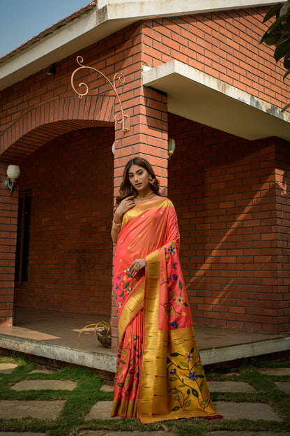 Dhiyona GR Women's Butterfly Peachy Pink Zari Paithani Silk Saree