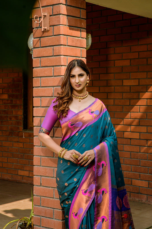 Dhiyona GR Women's Priyanka Teal Zari Paithani Silk Saree