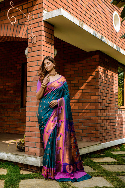 Dhiyona GR Women's Priyanka Teal Zari Paithani Silk Saree