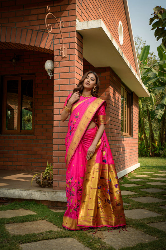 Dhiyona GR Women's Butterfly Hot Pink Zari Paithani Silk Saree