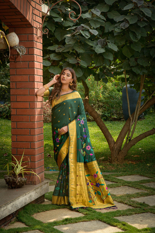 Dhiyona GR Women's Butterfly Drak Green Zari Paithani Silk Saree