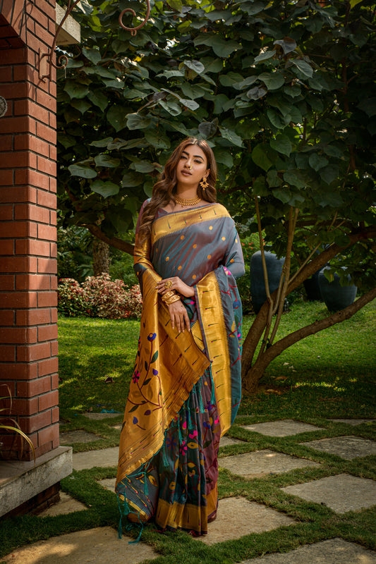 Dhiyona GR Women's Butterfly Grey Zari Paithani Silk Saree