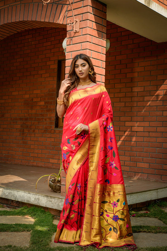 Dhiyona GR Women's Butterfly Red Zari Paithani Silk Saree