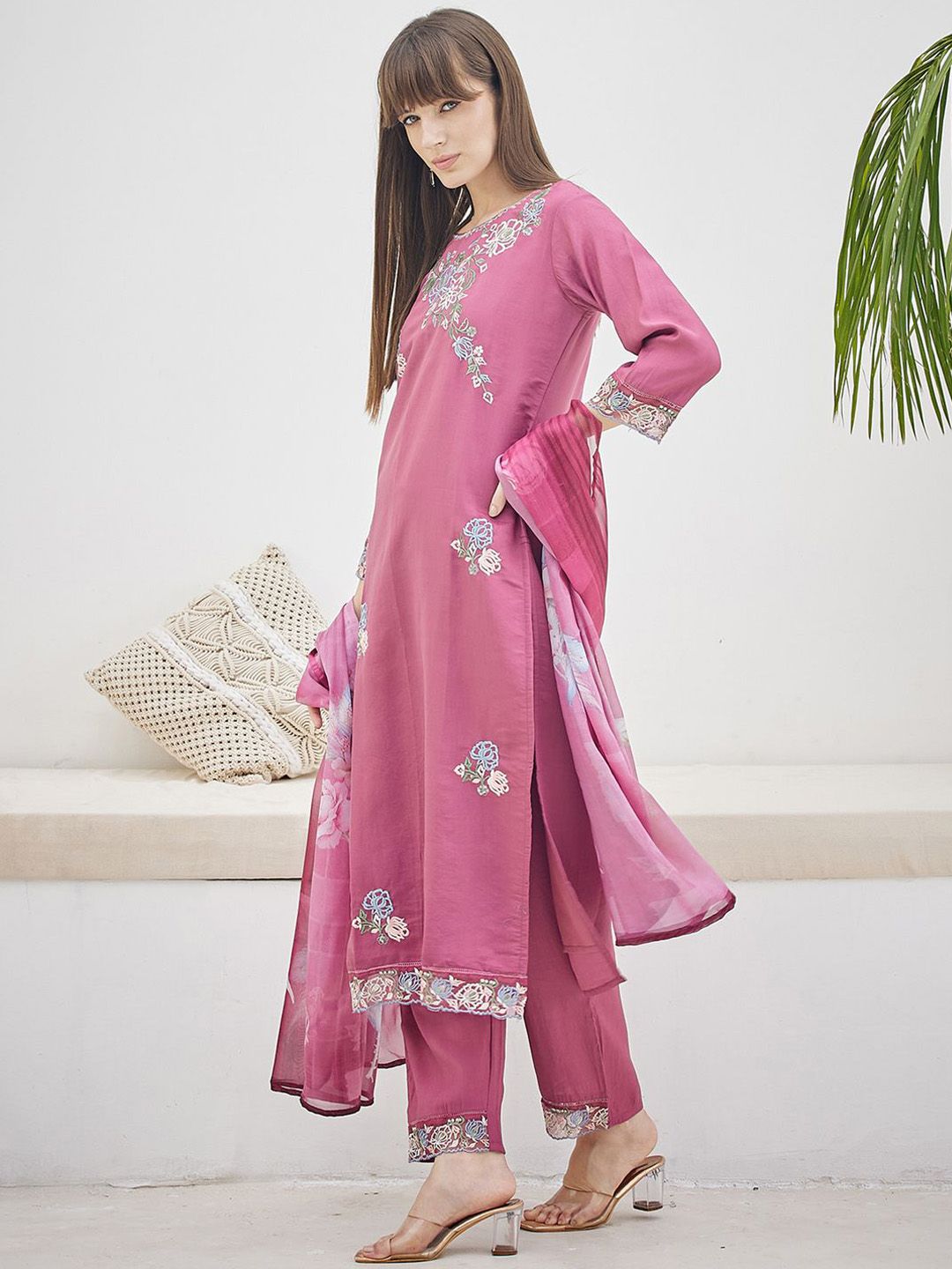Floral Embroidered Thread Work Kurta With Trousers & Dupatta