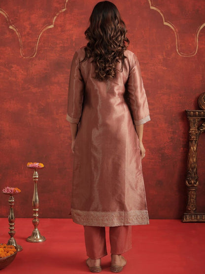 Floral Woven Design Round Neck Straight Kurta With Trousers & Dupatta