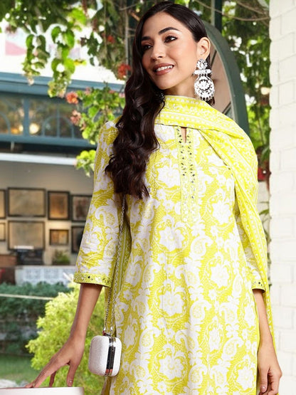 Women Ethnic Motifs Printed Regular Mirror Work Pure Cotton Kurta with Trousers & With Dupatta