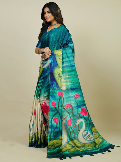 Women's Tussar Silk Blue Printed Designer Saree With Blouse Piece