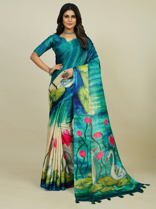 Women's Tussar Silk Blue Printed Designer Saree With Blouse Piece
