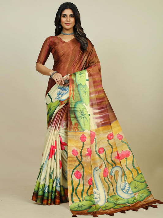 Women's Tussar Silk Brown Printed Designer Saree With Blouse Piece