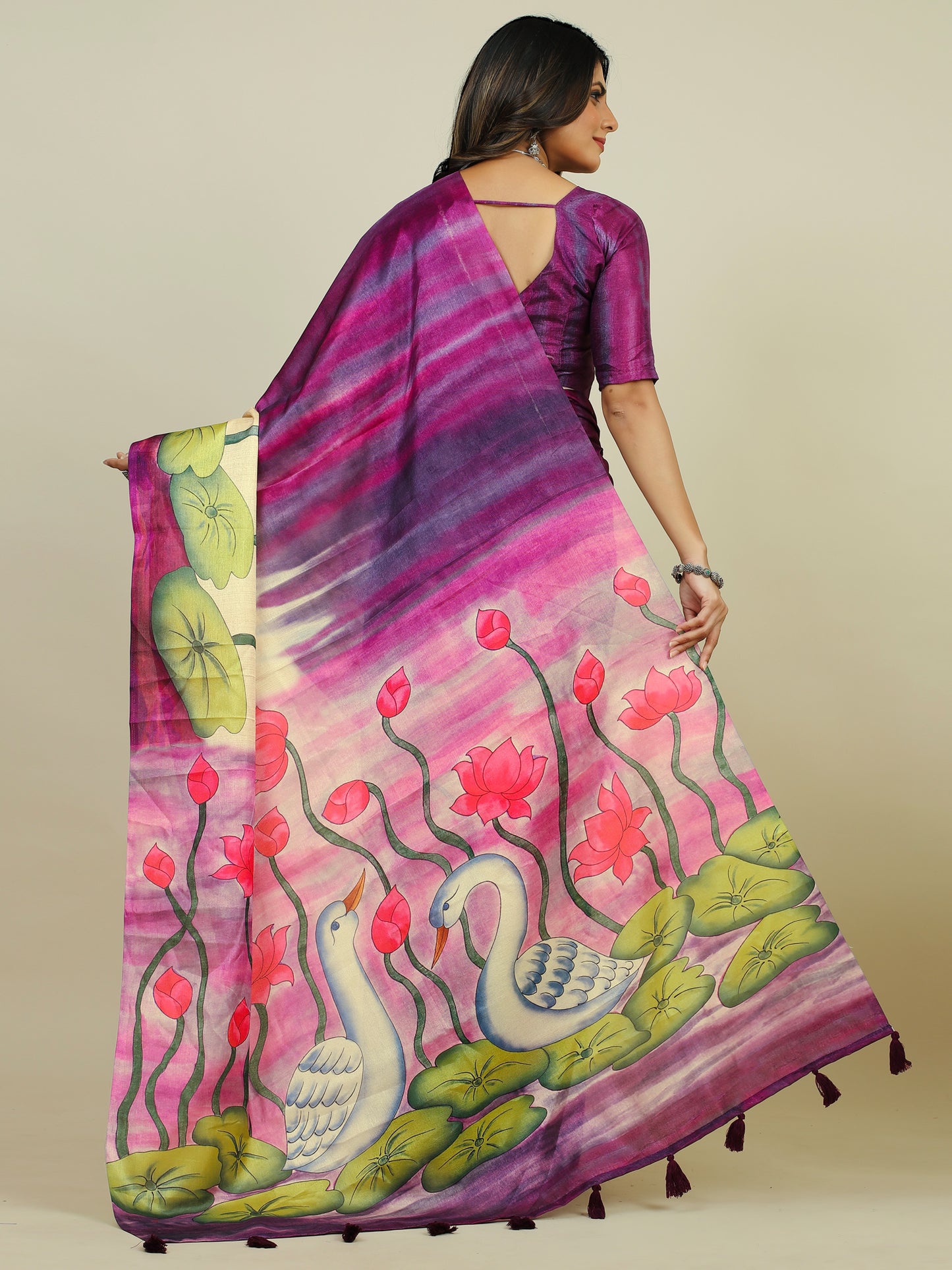 Women's Tussar Silk Purple Printed Designer Saree With Blouse Piece