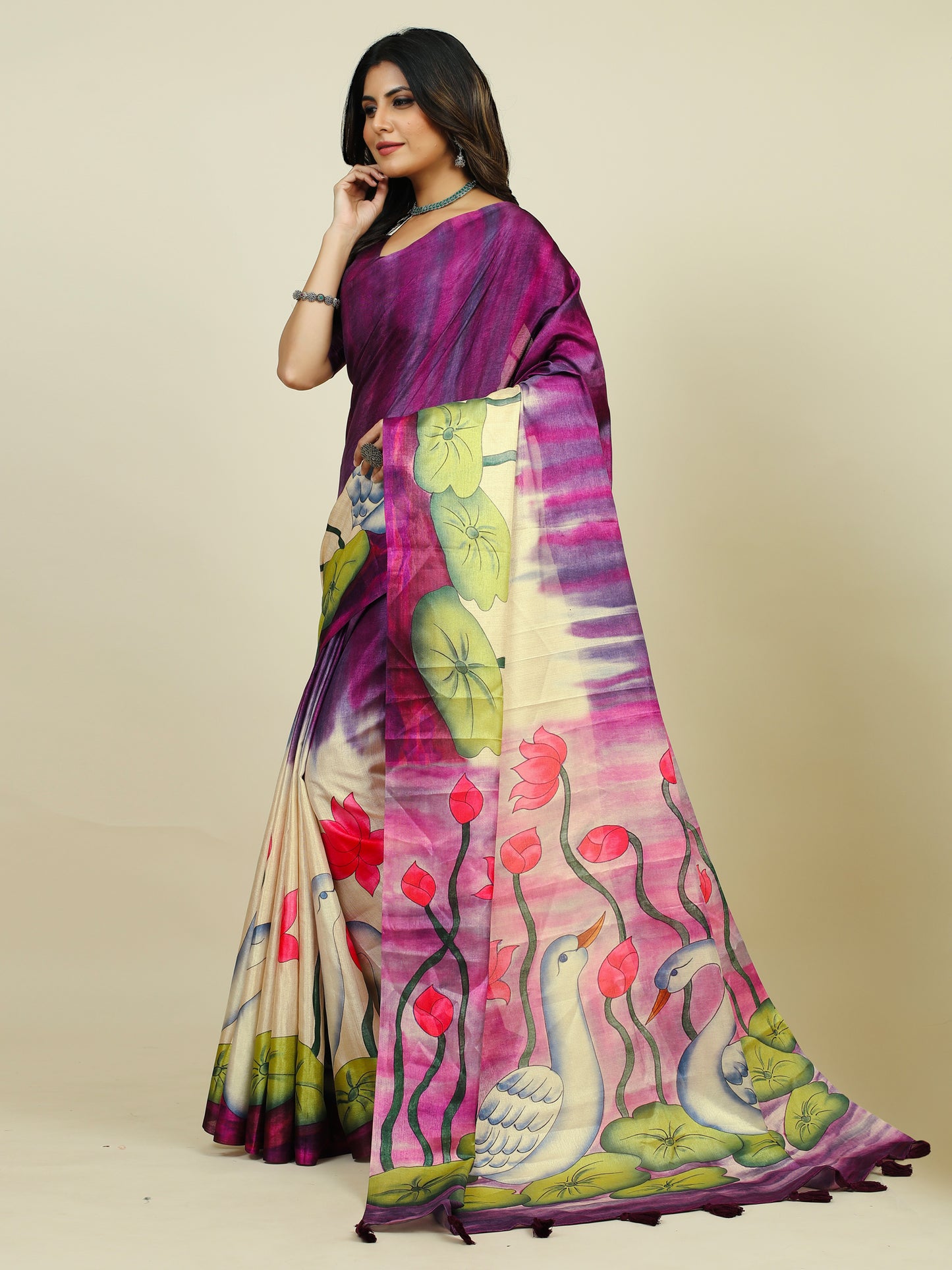 Women's Tussar Silk Purple Printed Designer Saree With Blouse Piece