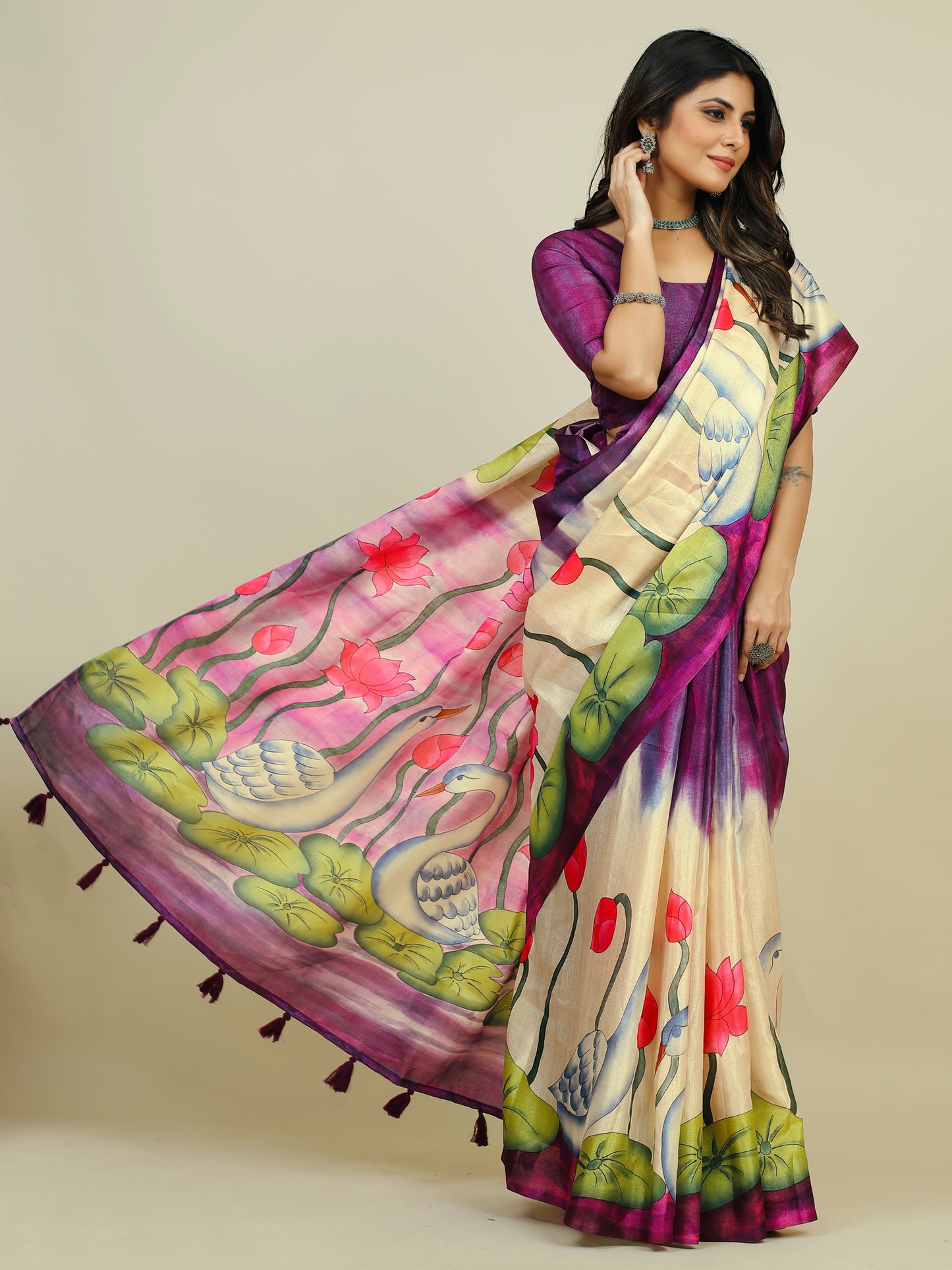 Women's Tussar Silk Purple Printed Designer Saree With Blouse Piece
