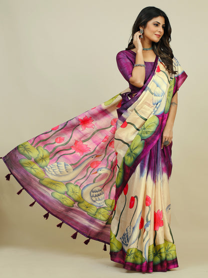 Women's Tussar Silk Purple Printed Designer Saree With Blouse Piece