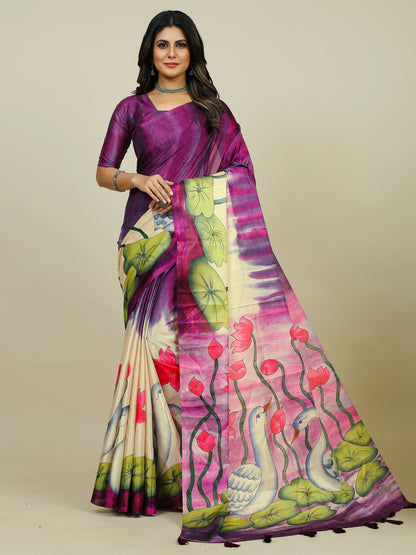 Women's Tussar Silk Purple Printed Designer Saree With Blouse Piece