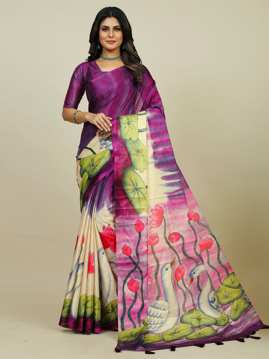 Women's Tussar Silk Purple Printed Designer Saree With Blouse Piece