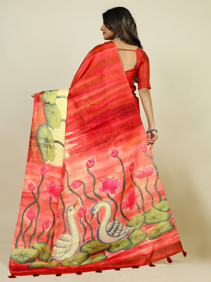 Women's Tussar Silk Red Printed Designer Saree With Blouse Piece