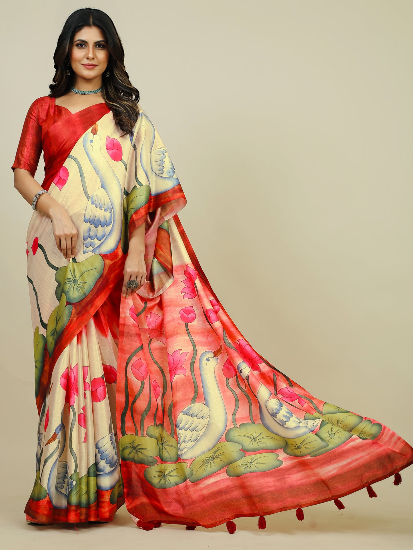 Women's Tussar Silk Red Printed Designer Saree With Blouse Piece