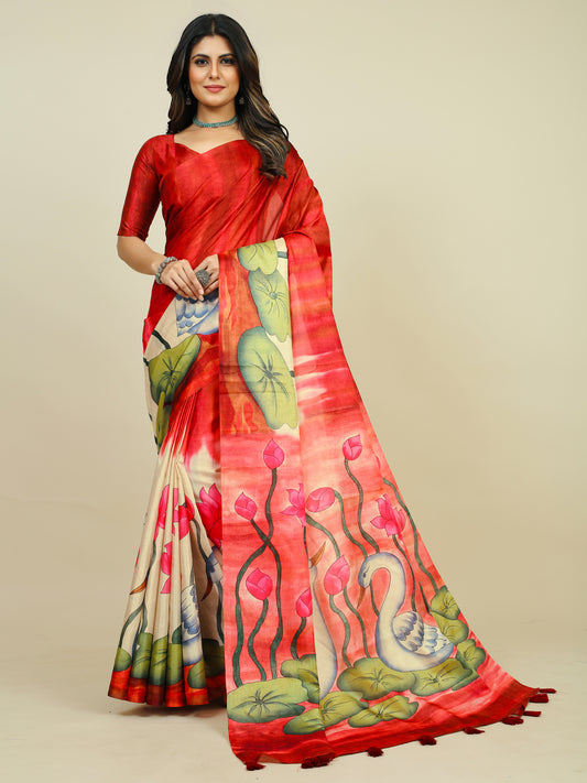 Women's Tussar Silk Red Printed Designer Saree With Blouse Piece