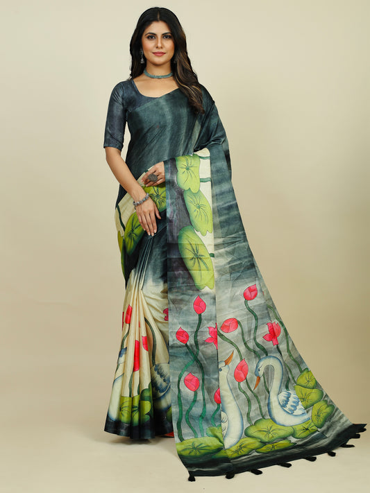 Women's Tussar Silk Black Printed Designer Saree With Blouse Piece