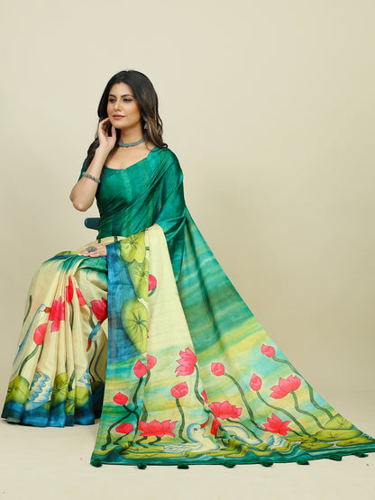 Women's Tussar Silk Sea Green Printed Designer Saree With Blouse Piece