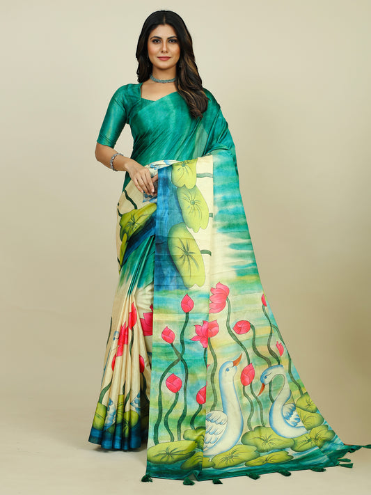 Women's Tussar Silk Sea Green Printed Designer Saree With Blouse Piece