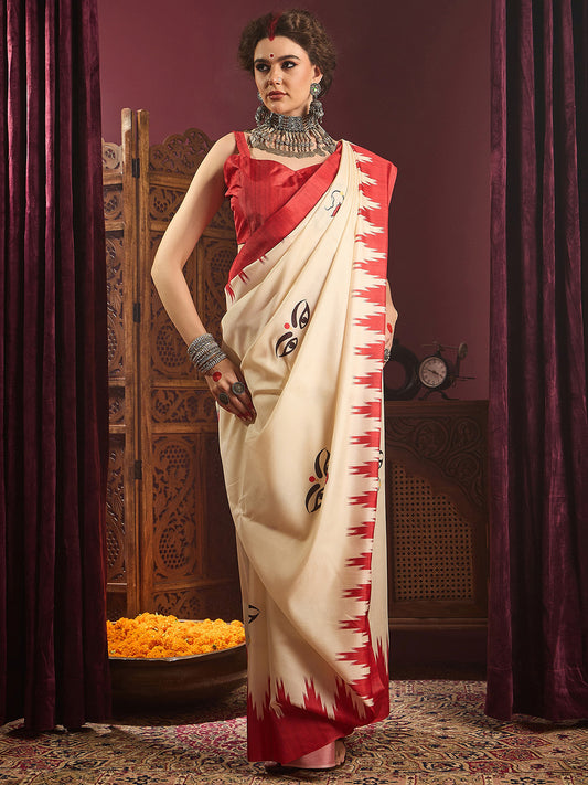 Women's Silk Blend Off White Printed Celebrity Saree With Blouse Piece