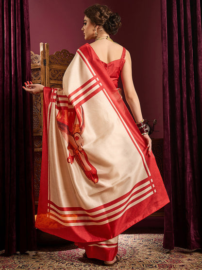 Women's Silk Blend Off White Printed Celebrity Saree With Blouse Piece