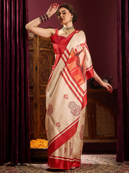 Women's Silk Blend Off White Printed Celebrity Saree With Blouse Piece