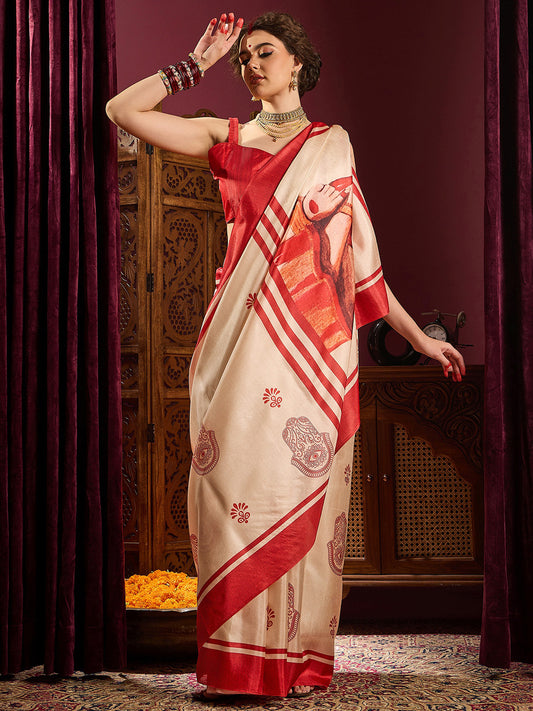 Women's Silk Blend Off White Printed Celebrity Saree With Blouse Piece