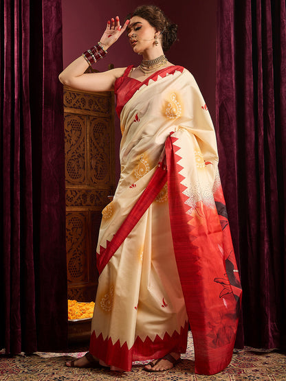 Women's Silk Blend Off White Printed Celebrity Saree With Blouse Piece