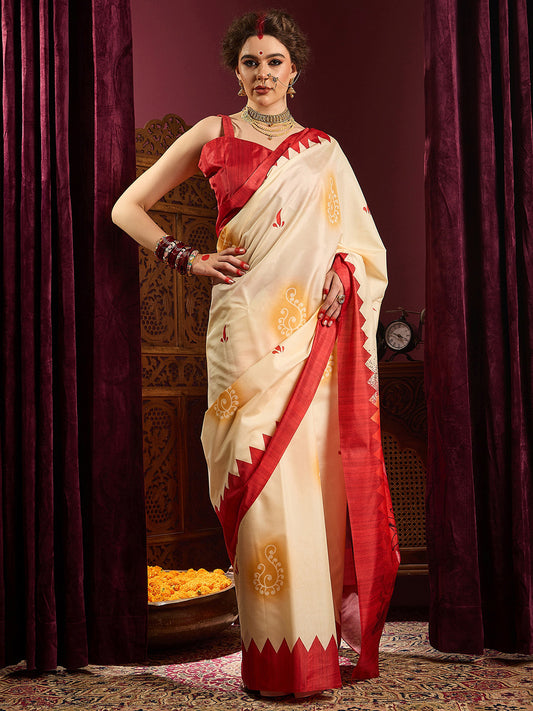 Women's Silk Blend Off White Printed Celebrity Saree With Blouse Piece