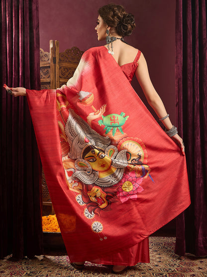 Women's Silk Blend Off White Printed Celebrity Saree With Blouse Piece
