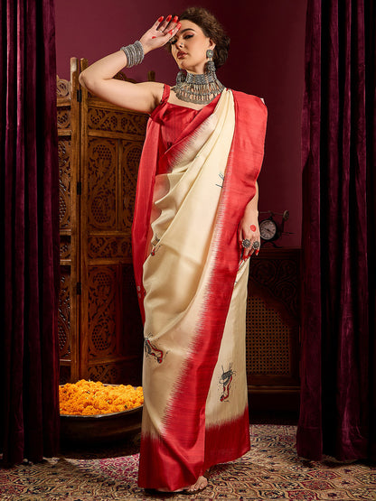 Women's Silk Blend Off White Printed Celebrity Saree With Blouse Piece
