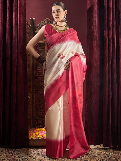 Women's Silk Blend Off White Printed Celebrity Saree With Blouse Piece