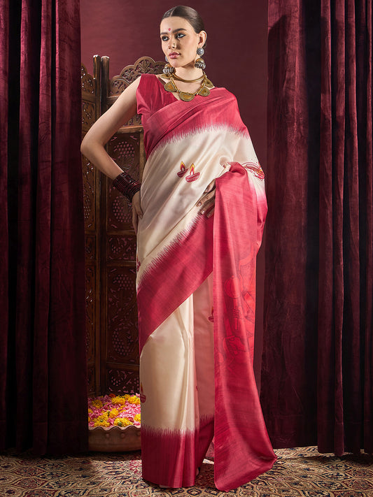 Women's Silk Blend Off White Printed Celebrity Saree With Blouse Piece