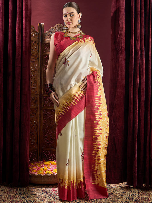 Women's Silk Blend Off White Printed Celebrity Saree With Blouse Piece